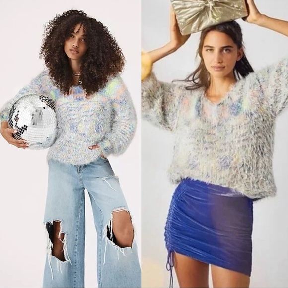 Free People Balloon Sleeve Fuzzy Gelato Pullover Sweater Pastel Rainbow Small